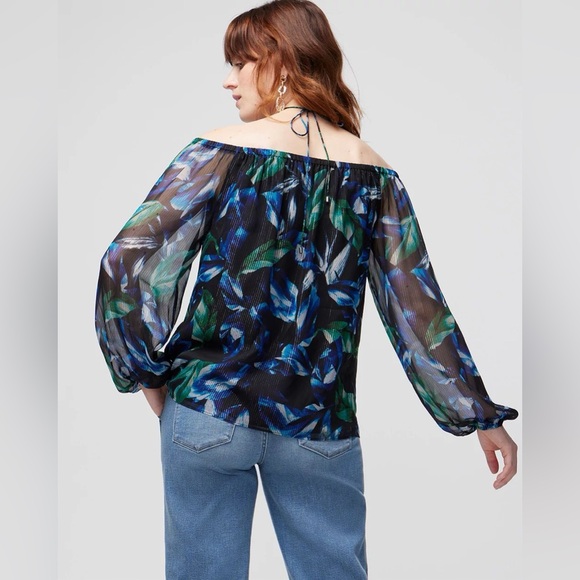 WHITE HOUSE BLACK MARKET Off-the-Shoulder Metallic Cross-Neck Blouse - Picture 2 of 5